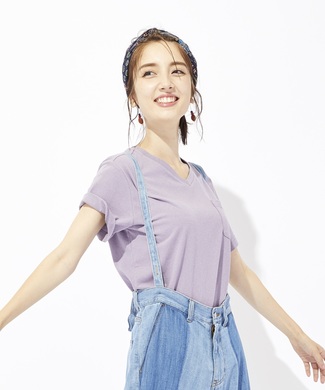 Champion ポケット付きVネック無地Tシャツ レディース ライラック