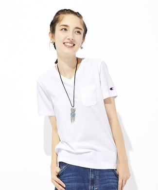 Champion ポケット付きVネック無地Tシャツ レディース ホワイト