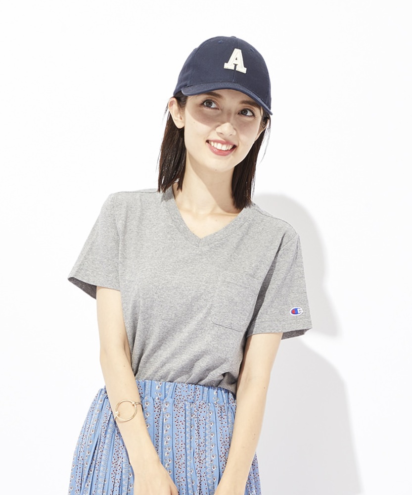 Champion ポケット付きVネック無地Tシャツ レディース グレー