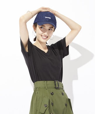 Champion ポケット付きVネック無地Tシャツ レディース ブラック