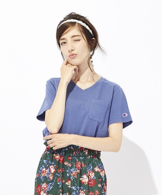 Champion ポケット付きVネック無地Tシャツ レディース *ブルー