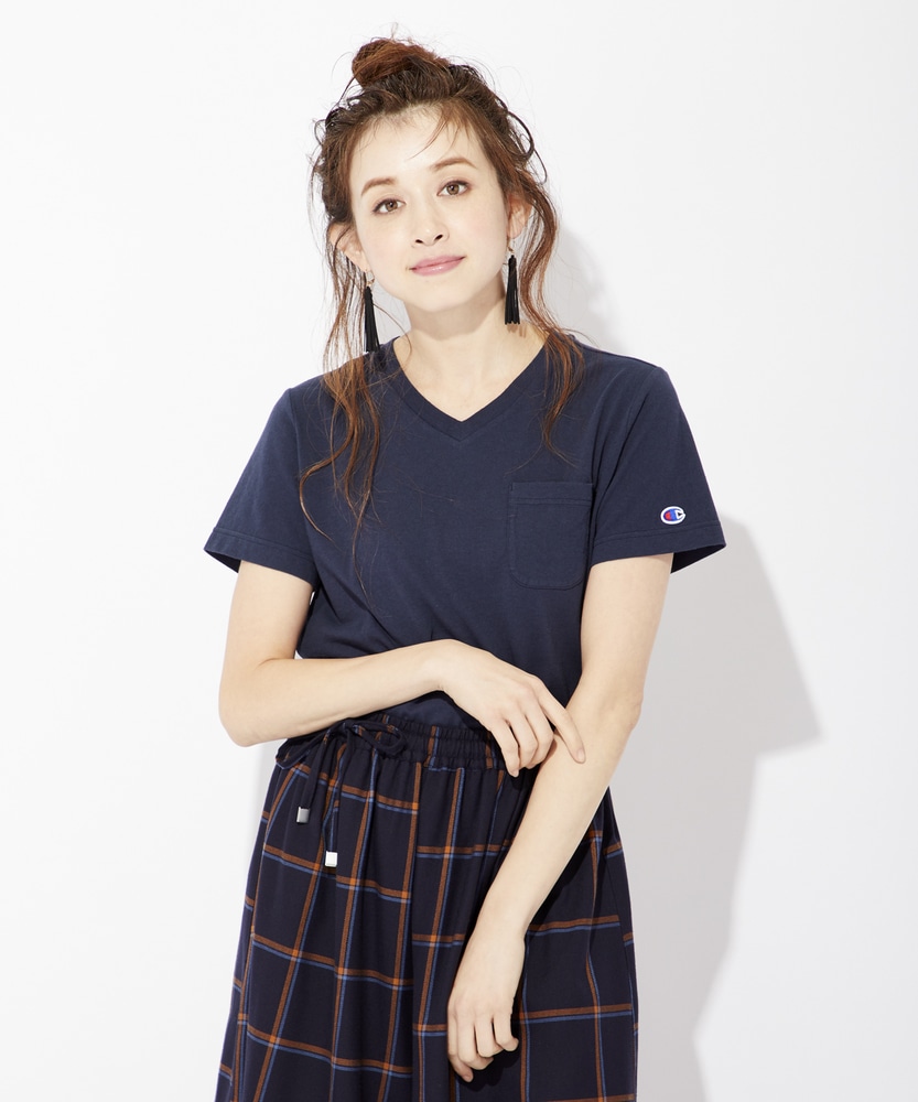 Champion ポケット付きVネックTシャツ レディース ネイビー