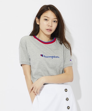 Champion ラインリブTシャツ レディース グレー