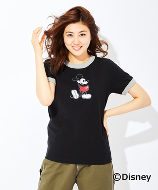 DISNEY リンガープリントTシャツ(ミッキー) レディース ブラック