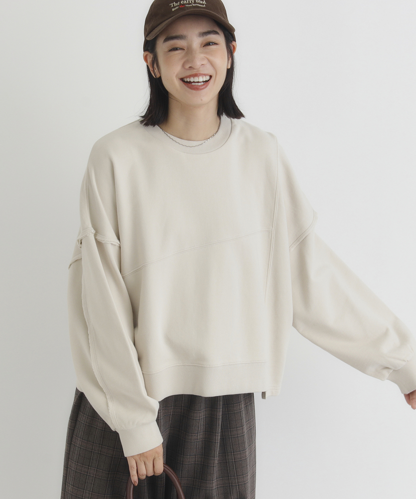 Right-on(近畿中国)の【人気アイテム】切り替えデザインスウェットプルオーバー（ゆったりシルエット/体型カバー/スタイルアップ/ショート丈/古着ライク）