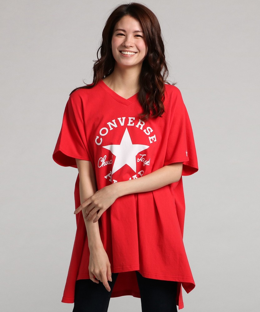 CONVERSE VネックビッグTシャツ レディース レッド