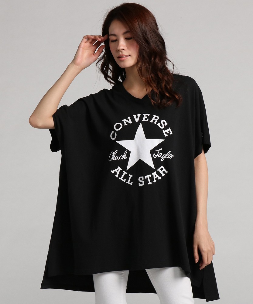 CONVERSE VネックビッグTシャツ レディース ブラック