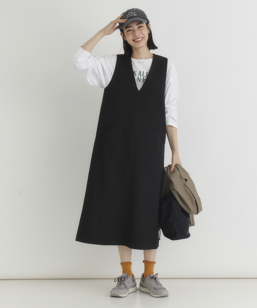 Right-on(近畿中国)の【スッキリ見えを叶える】 Vネックワンピース(小顔見え/体型カバー/Iライン/ONOFF使える/限定展開)