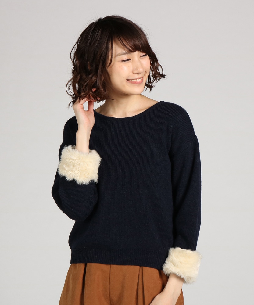 BACK NUMBER 袖口フェイクファー付き2WAYニットプルオーバー レディース ネイビー