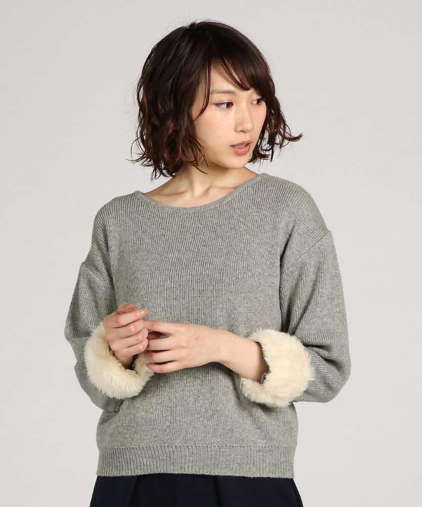 BACK NUMBER 袖口フェイクファー付き2WAYニットプルオーバー レディース グレー