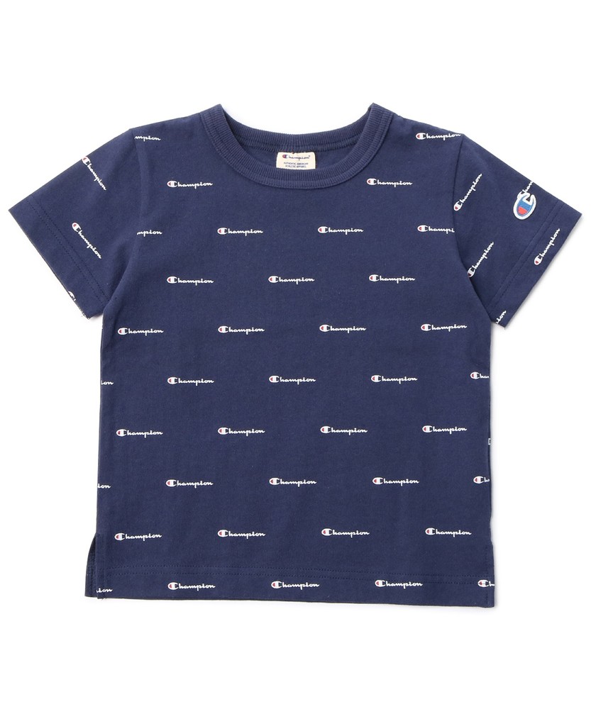 Champion ロゴ総柄Tシャツ キッズ ネイビー