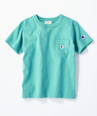 Champion ワンポイントポケット付きクルーネックTシャツ キッズ ターコイズ