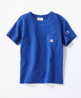 Champion ワンポイントポケット付きクルーネックTシャツ キッズ ブルー