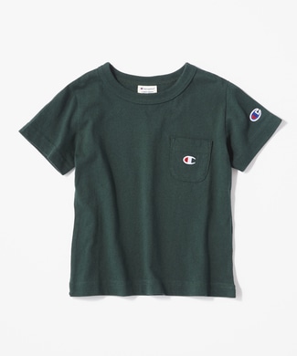 Champion ワンポイントポケット付きクルーネックTシャツ キッズ グリーン