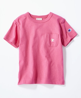 Champion ワンポイントポケット付きクルーネックTシャツ キッズ ショッキングピンク