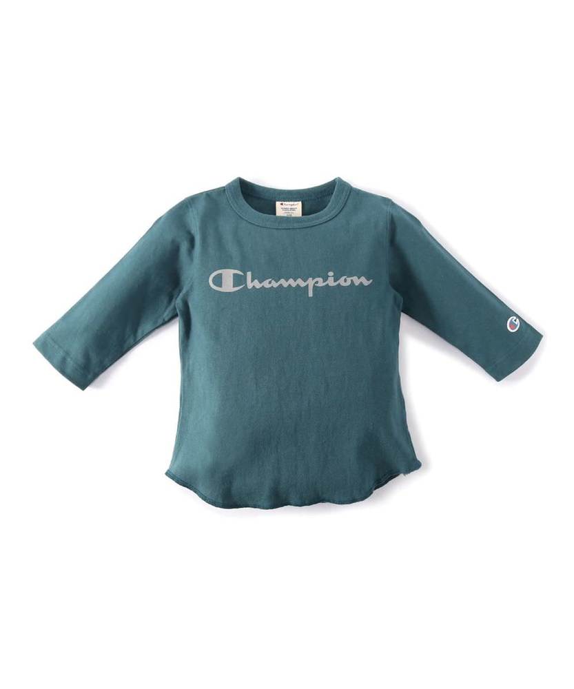 Champion フロントロゴ7分袖Tシャツ キッズ グリーン