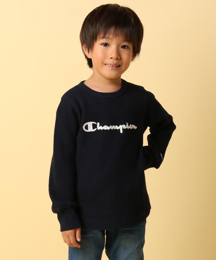 Champion ロゴ刺繍入りワッフル長袖Tシャツ キッズ ネイビー