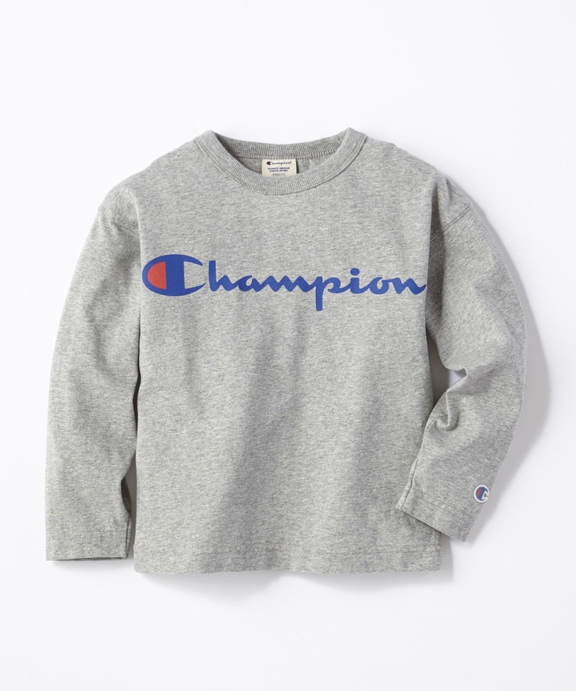 Champion スクリプトロゴ長袖Tシャツ キッズ グレー