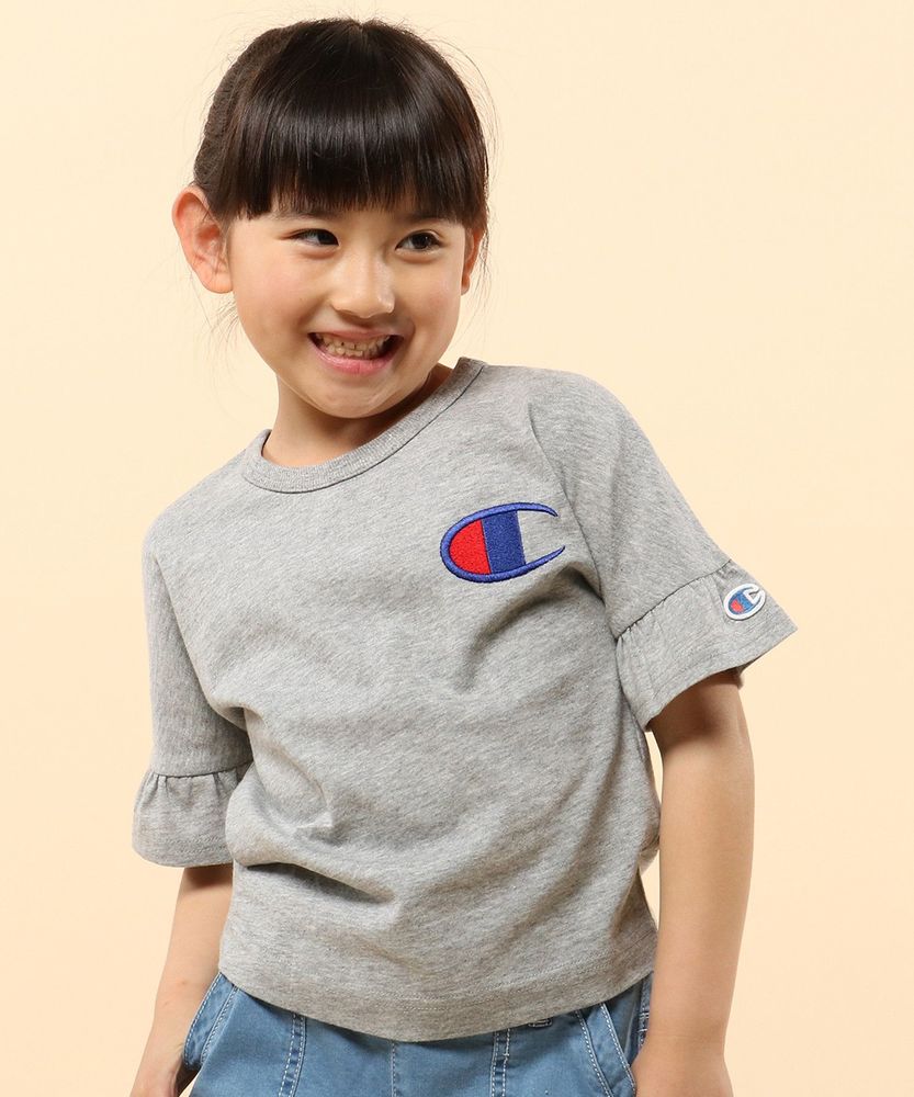 Champion 【WEB限定】フレアスリーブ刺繍Tシャツ キッズ ピンク