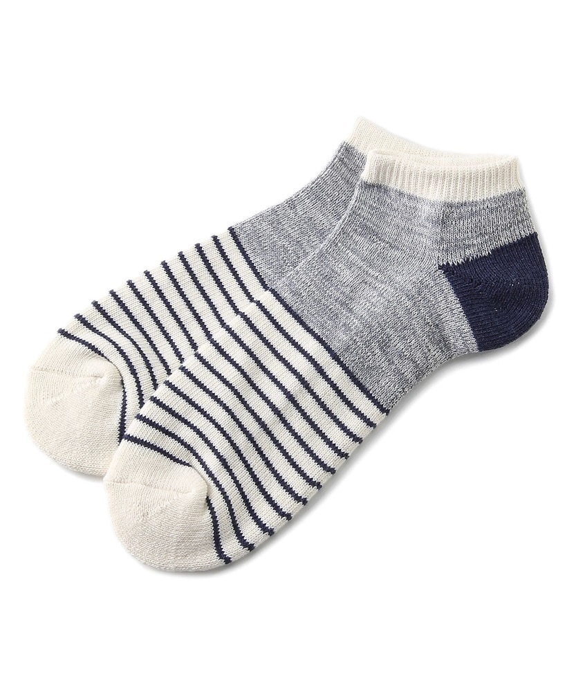 BASIC SOCKS 切り替えボーダーアンクルソックス メンズ グレー＊オフホワイト