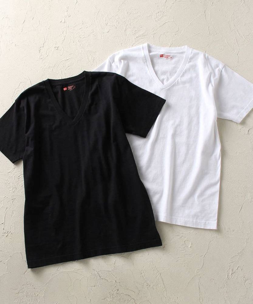 HANES ジャパンフィット2パックVネックTシャツ メンズ ホワイト＊ブラック