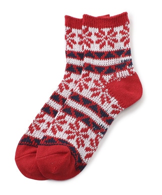 BASIC SOCKS ジャカード雪柄ソックス レディース レッド