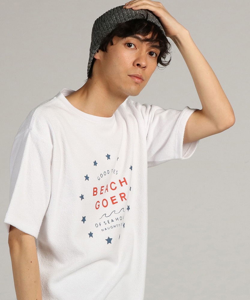 Naughty Dog パイルプリントTシャツ メンズ ホワイト＊サックス